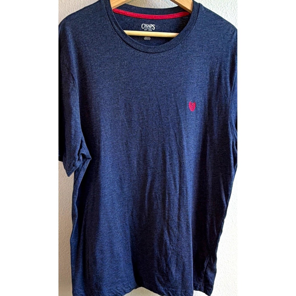 Chaps Mens Blue Solid Crew Neck Short Sleeve Logo Knit Tee Shirt Size XL